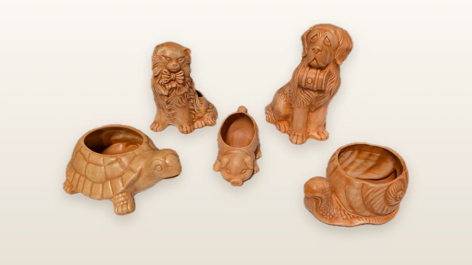 Zoomorphic terracotta planters: cat, dog, turtle, piglet and snail